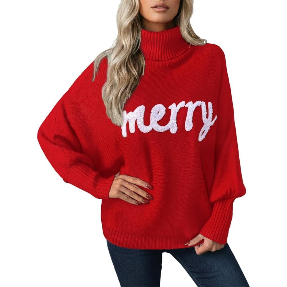 Women Christmas Sweater Batwing Sleeve Turtleneck Cozy Knit Holiday Top
